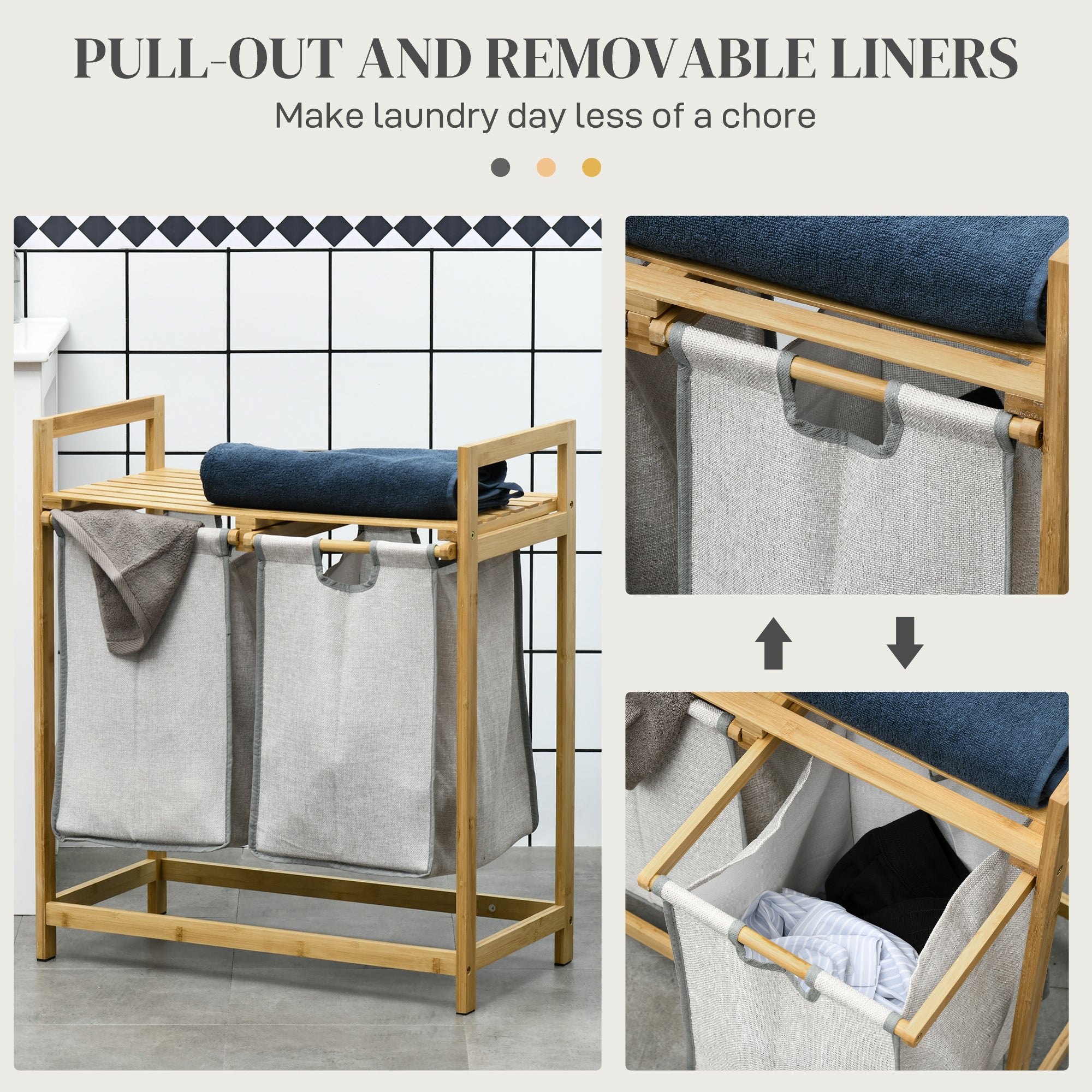 Bamboo Double Laundry Hamper with Shelf & Removable Bags